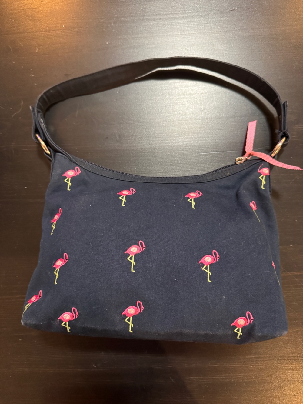 Talbots Navy Shoulder Bag with Pink Flamingo Embroidery